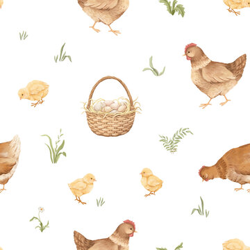 Watercolor seamless pattern with chickens, chicks basket of eggs. Hand-drawn illustration with cute farm animals in rustic countryside style for your design wrapping paper, wallpaper or textile.