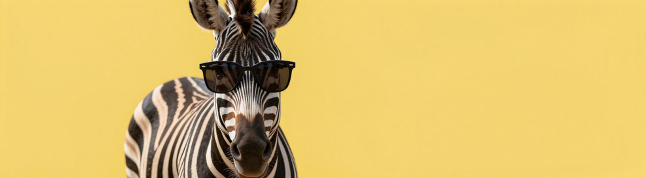 smiling zebra wearing trendy sunglasses standing bright yellow background plenty empty space text overlays