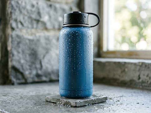 AI generated, blue reusable vacuum insulated water bottle with water droplets on a kitchen counter. Modern lifestyle photography of a sustainable stainless steel bottle in a bright, minimalist interio