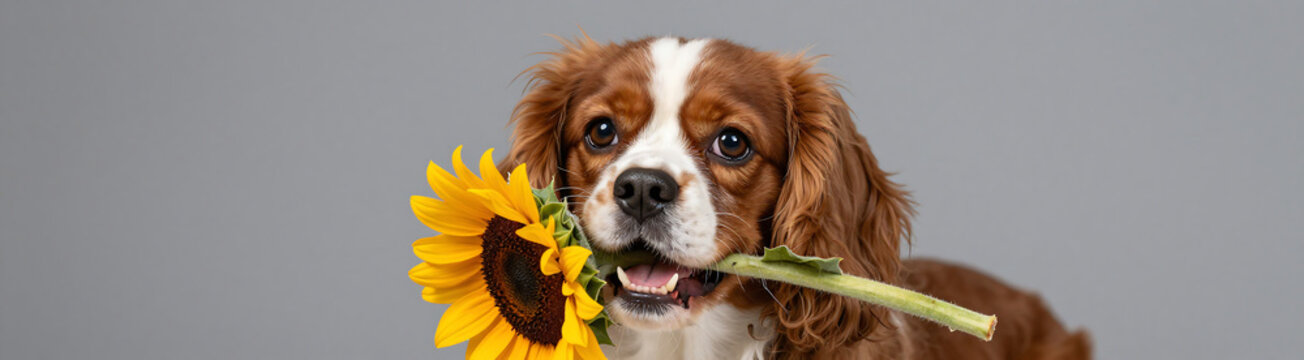photo vibrant cavalier king charles spaniel enthusiastically grasping large sunflower mouth soft muted grey