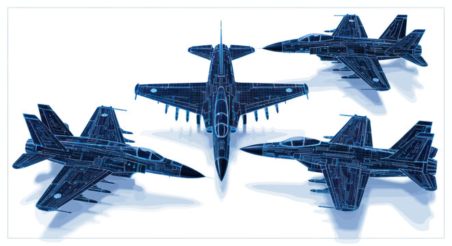 Futuristic digital fighter jets with circuit board patterns on white background