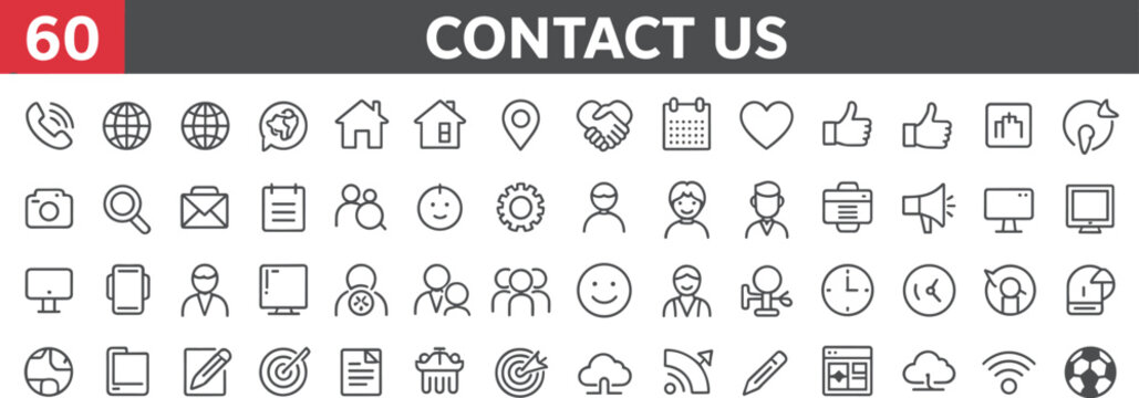 Contact us set featuring sixty grey outline including telephone globe house location pin handshake calendar heart thumbs up user gear megaphone monitor clock and cloud symbols