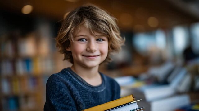 Close-up of a child holding a stack of favorite books, smiling with enthusiasm, library shelves in background with vibrant book spines, promoting reading habits and book awareness