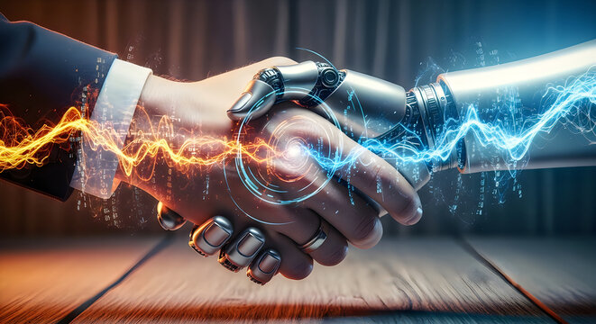 Human hand vs robot hand handshake ai collaboration and future technology concept