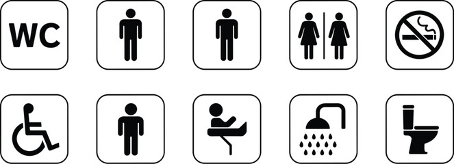 Set of ten black and white public facility including restroom gender signs wheelchair access no smoking symbol shower and toilet bowl silhouettes on rounded square backgrounds © Badhan