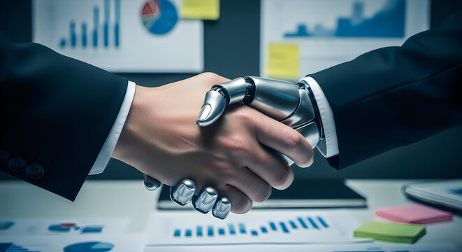 Human hand vs robot handshake symbolizing collaboration ai and future technology