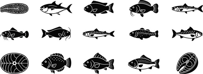 Black silhouette fish collection a diverse array of aquatic life in a stylized minimalist design © MD