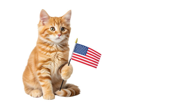 Patriotic maine coon cat holding american flag isolated on transparent background