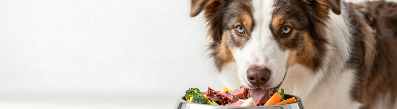 shot australian shepherd face focused dog paws grasping stainless steel bowl containing mixed vegetables