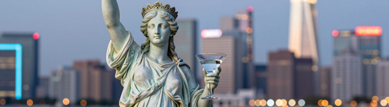 shot statue aphrodite holding martini glass bright vibrant colorful cityscape backdrop