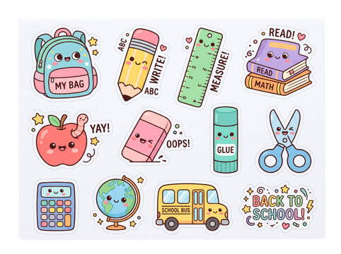 Kawaii Back to School Sticker Set: Cute Cartoon Stationery Icons, Pastel Educational Graphics, and Fun School Supply Clipart for Kids and Teachers