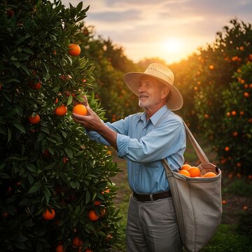Elderly farmer happily harvesting ripe oranges at sunset in a sun-drenched orchard