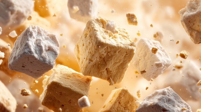 Brightly Lit Space with Dried Ice Cream Chunks Floating in the Air for Snack Concept Imagery