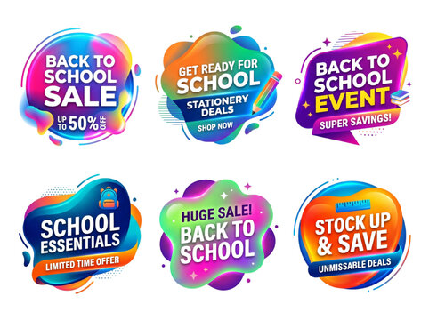Modern Back to School Sale Banners: Vibrant Gradient Mesh Fluid Shapes, Neon Education Labels, and Trendy Retail Promotion Stickers for E-commerce