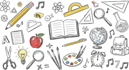 School supplies doodle collection back to school sketch with various items © MSTKASPIYA