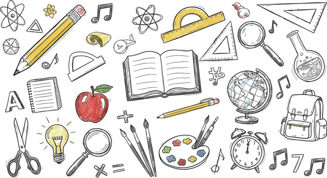 School supplies doodle collection back to school sketch with various items