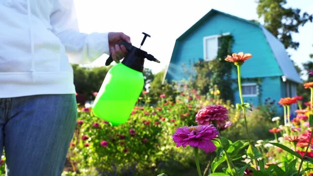 Person sprays garden with green pump sprayer. Blooming zinnias sway in soft sunlight. Bright blue house stands behind lush greenery. Gardener tending plants with care. Ideal for gardening, farm