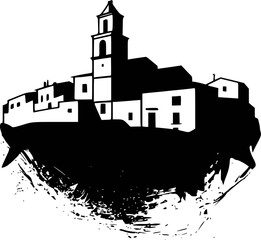 Obraz premium Black silhouette of a european village with a church tower a white background