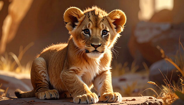 Lion cub portrait in sunlight