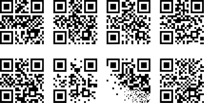 Black qr codes with varying data density and pixelation white background, scan technology