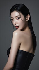 Fototapeta premium portrait of asian woman with long straight black hair, elegant asian female portrait with natural beauty and bare shoulders, closeup of serene asian woman with smooth skin and sleek black hair