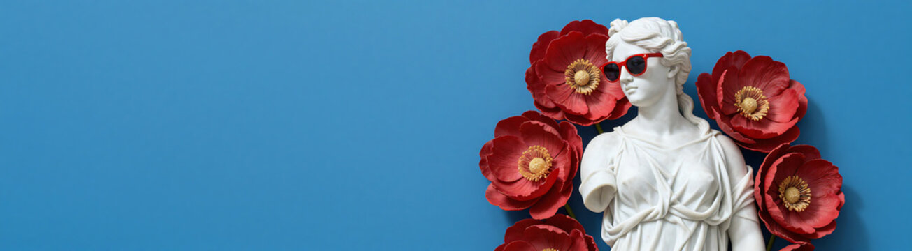 white marble sculpture goddess aphrodite sits bright blue backdrop adorned oversized red flowers