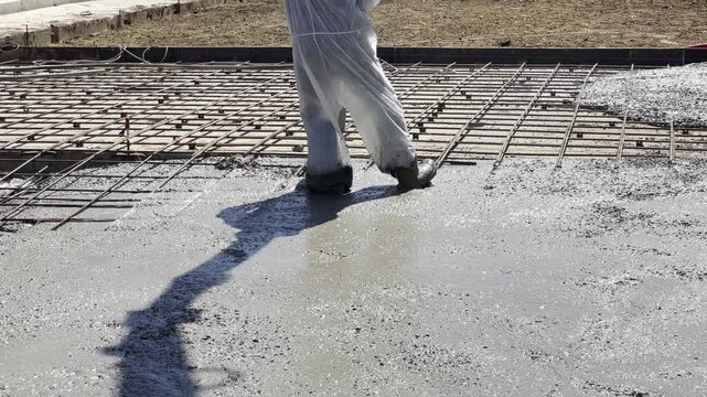 Worker pours wet concrete onto prepared steel rebar grid. Worker moves steadily, shaping concrete surface. Sun casts long shadow across freshly poured slab. Ideal for construction, civil engineering