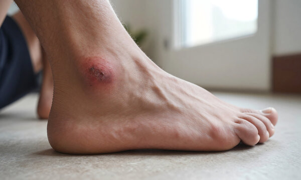 man foot zoomed showcasing severely scratched area scabs redness irritation lit soft natural light window