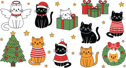 Fototapeta premium Festive Cats in Christmas Outfits with Gifts, Tree, and Wreath for Holiday, Kids' Illustrations, and Seasonal Designs