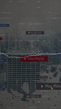 Vertical video: High-rise building standing fixed, waveform rising causing red play badges for tech