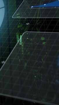 Vertical video: Slow camera panning up-left 3D holo panels revealing globe chart green bars to HUD