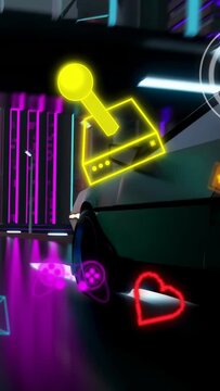 Vertical video: Camera shifting right white car showcasing AR UI gaming joystick growing near wheel