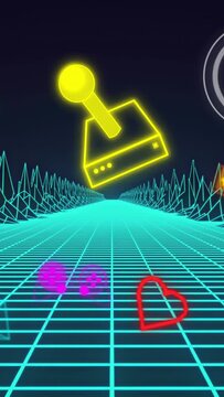 Vertical video: Joystick emerging from horizon, approaching, tilting, showing tech UI on grid