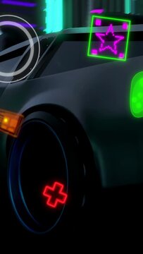 Vertical video: Camera panning revealing car with gaming HUDs on taillight and wheel for designers