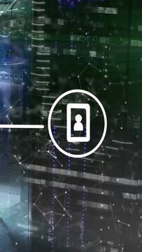 White circular UI icon showing phone user silhouette, fading on facade with connector line and LED