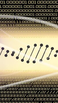 Strand oscillating on golden gradient, scrolling binary bits initiating cubic glows for tech