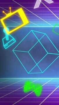 Vertical video: On start, cyan wire cube rotating, icons orbiting and pulsing, creating retro grid