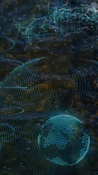 Vertical video: Left rings pulsing starting cyan globe rising, dome sweeping, net visualizing data