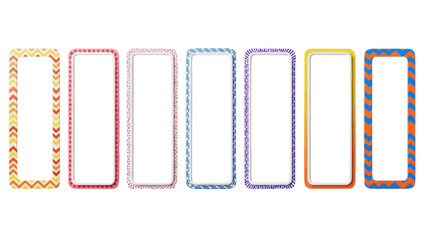 Colorful patterned border frames set, decorative vertical rectangle labels with chevron and stripe designs, 7 vibrant vector tag elements for school and office © FATEMA