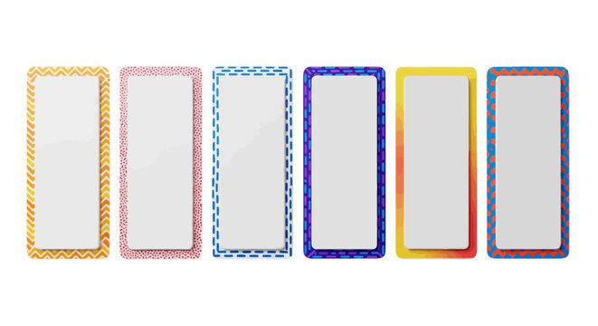 Colorful vertical banner set with patterned borders, blank rectangular frames for text, 6 decorative web elements for navigation or headers