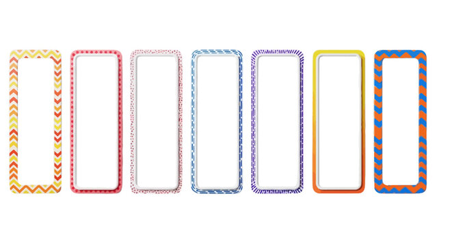 Colorful patterned border frames set, decorative vertical rectangle labels with chevron and stripe designs, 7 vibrant vector tag elements for school and office