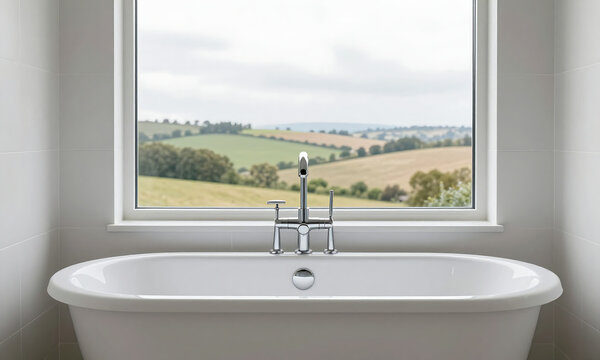 serene bathroom interior features pristine white bathtub focal point adjacent large window offering expansive view