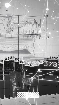 Vertical video: Tech dashboard receiving live feed, updating bars, waves, metrics, flowing nodes