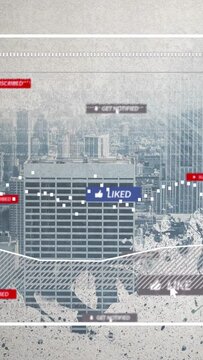 Vertical video: Squares arising, LIKE badges floating on tower, wave rising, showing marketing buzz