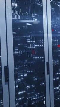 Vertical video: Camera panning up right, code overlays rising on central rack glass, showing health