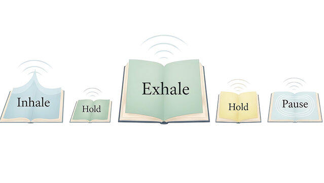 Breathing exercise steps with arrows and text, isolated on a transparent background