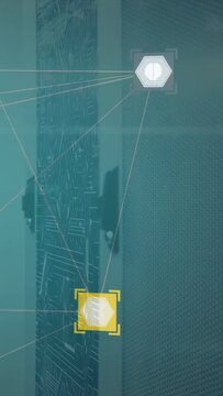 Tech network map on panel growing from glowing lower-left node, radiating links, boxing nodes