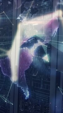 Vertical video: Nodes drifting from top forming digital globe over glass door, showing tech network