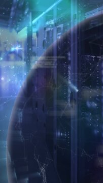 Vertical video: Tech globe over racks, rotating eastward while data streams signaling connectivity