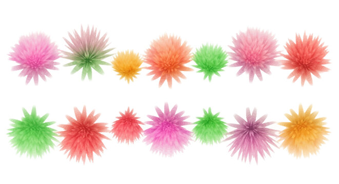 Vibrant 3D floral pompom set, colorful abstract flower blossoms vector collection, soft pastel pom-poms for festive decoration and greeting card design